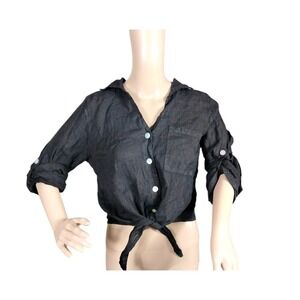 Meo Meli Tie Top Woman's Small Black Linen‎ Roll Tab Sleeve Minimalist Basic